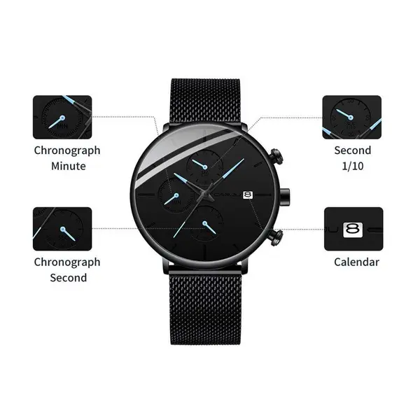 CRRJU 2268 Luxury Black Mesh Steel Band Chronograph Casual Fashion Men’s Watch – Dial Color: Blue, Strap Color: Black – View 6