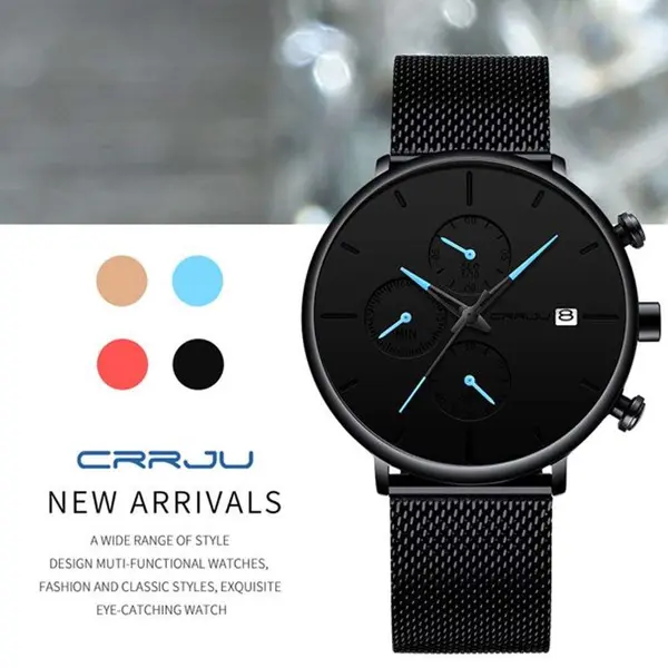 CRRJU 2268 Luxury Black Mesh Steel Band Chronograph Casual Fashion Men’s Watch – Dial Color: Blue, Strap Color: Black – View 7
