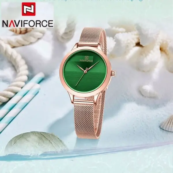 NAVIFORCE NF5027 Romantic Charming Quartz Luxury Stainless Steel Women Watches – Dial Color: Green, Strap Color:  Brown  – View 3