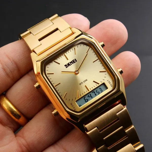 Skmei 1220 Stianless Steel Dual Display Digital Men's Watch – Dial Color: Gold, Strap Color: Gold – View 3
