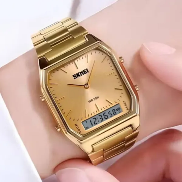 Skmei 1220 Stianless Steel Dual Display Digital Men's Watch – Dial Color: Gold, Strap Color: Gold – View 4