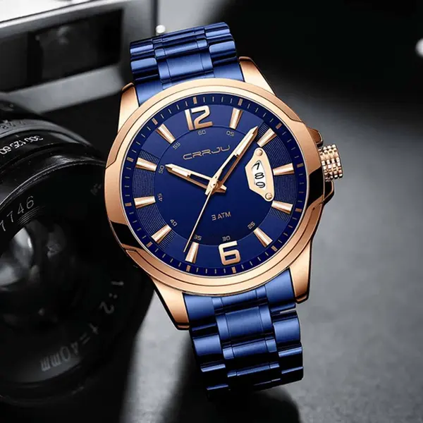 CRRJU 2191 High Quality Stainless Steel Analog Quartz Men's Watch – Dial Color: Rose Gold, Strap Color: Black – View 5