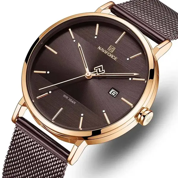 Naviforce NF3008 High Quality Stainless Steel Classic Quartz Fashion Couple's Watch – Dial Color: Rose Gold, Strap Color: Maroon – View 2
