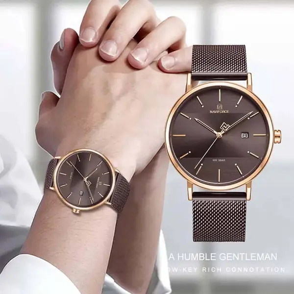 Naviforce NF3008 High Quality Stainless Steel Classic Quartz Fashion Couple's Watch – Dial Color: Rose Gold, Strap Color: Maroon – View 3