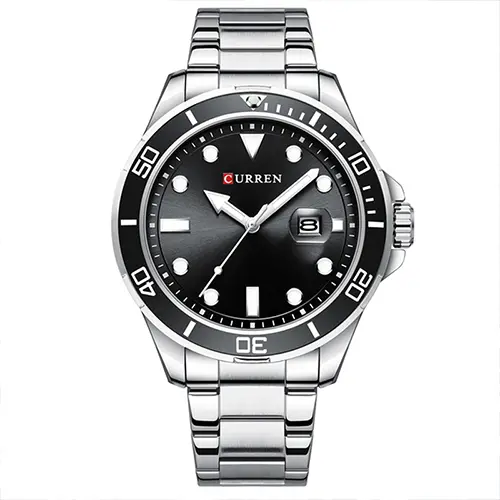Curren 8388 High Quality Stainless Steel Belt Calendar Men's Watch – Dial Color: Black, Strap Color: Silver – View 1
