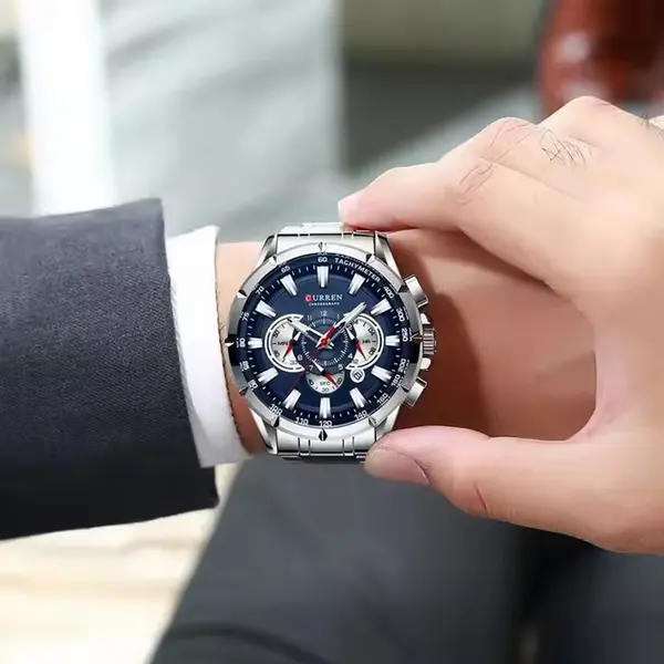 Curren 8363 Comfortable Stainless Steel Multifunctional Chronograph Casual Men's Watch – Dial Color: Blue, Strap Color: Silver – View 3