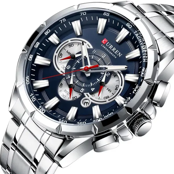 Curren 8363 Comfortable Stainless Steel Multifunctional Chronograph Casual Men's Watch – Dial Color: Blue, Strap Color: Silver – View 2