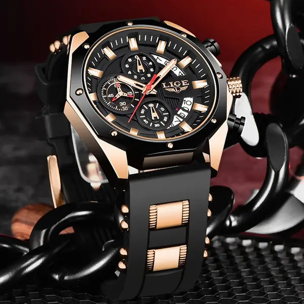 LIGE 8908 Analog Movement Premium Silicone Strap Men's Sports Watch – Dial Color: Bronze, Strap Color: Black – View 3