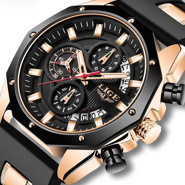 LIGE 8908 Analog Movement Premium Silicone Strap Men's Sports Watch – Dial Color: Bronze, Strap Color: Black – View 1