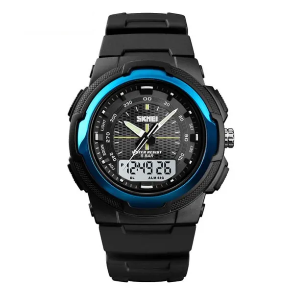 SKMEI 1454 Dual Time WaterProof Silicon Outdoor Sporty Men's Watch – Dial Color: Blue, Strap Color: Black – View 1