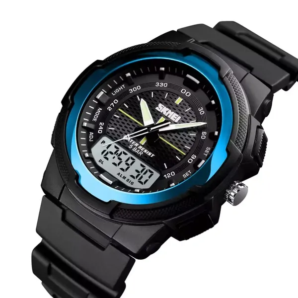SKMEI 1454 Dual Time WaterProof Silicon Outdoor Sporty Men's Watch – Dial Color: Blue, Strap Color: Black – View 2