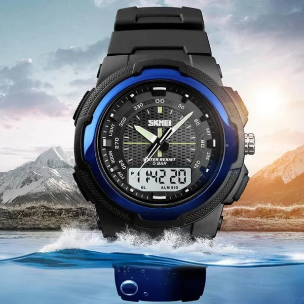 SKMEI 1454 Dual Time WaterProof Silicon Outdoor Sporty Men's Watch – Dial Color: Blue, Strap Color: Black – View 3