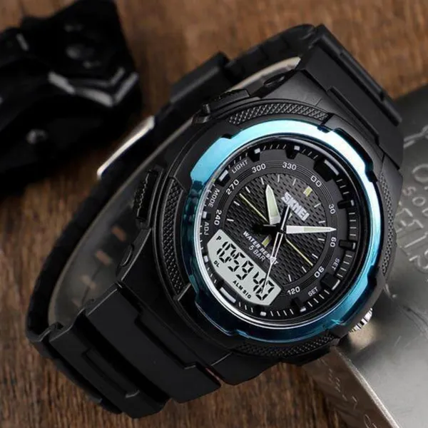SKMEI 1454 Dual Time WaterProof Silicon Outdoor Sporty Men's Watch – Dial Color: Blue, Strap Color: Black – View 4