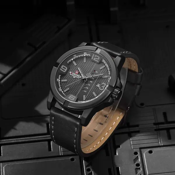 Naviforce NF9177 Top Quality Leather Strap Creative Calendar Unique Fashion Men's Watch – Dial Color: Black, Strap Color: Black – View 2