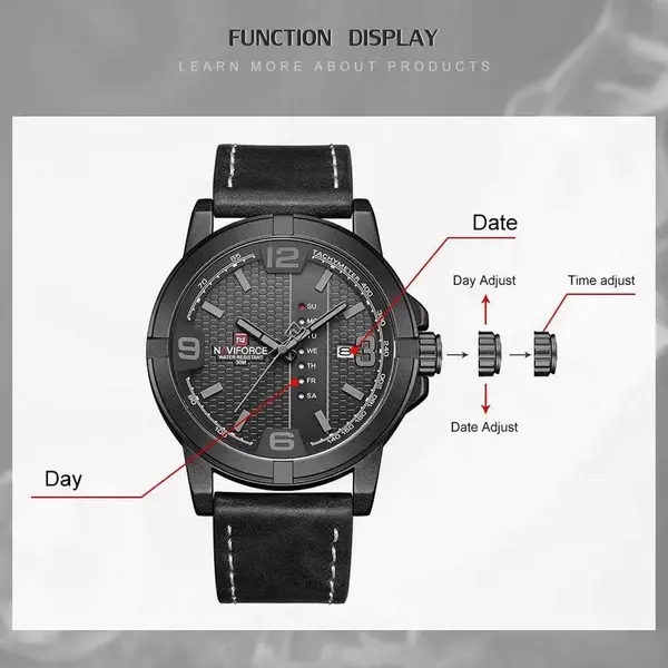 Naviforce NF9177 Top Quality Leather Strap Creative Calendar Unique Fashion Men's Watch – Dial Color: Black, Strap Color: Black – View 3