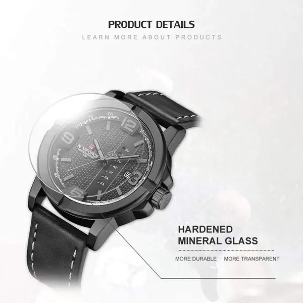 Naviforce NF9177 Top Quality Leather Strap Creative Calendar Unique Fashion Men's Watch – Dial Color: Black, Strap Color: Black – View 5