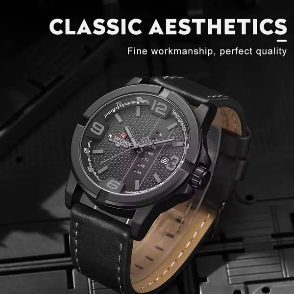 Naviforce NF9177 Top Quality Leather Strap Creative Calendar Unique Fashion Men's Watch – Dial Color: Black, Strap Color: Black – View 7