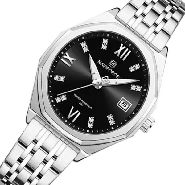Naviforce 5052 Luxury Stainless Steel Quartz Analog Men's Watch – Dial Color: Black, Strap Color: Silver – View 2