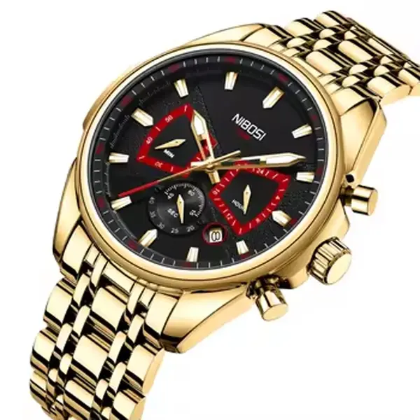 Nibosi 2508 Luxury Stainless Steel Luminous Needles Men's Watch – Dial Color: Black Gold, Strap Color: Gold – View 2