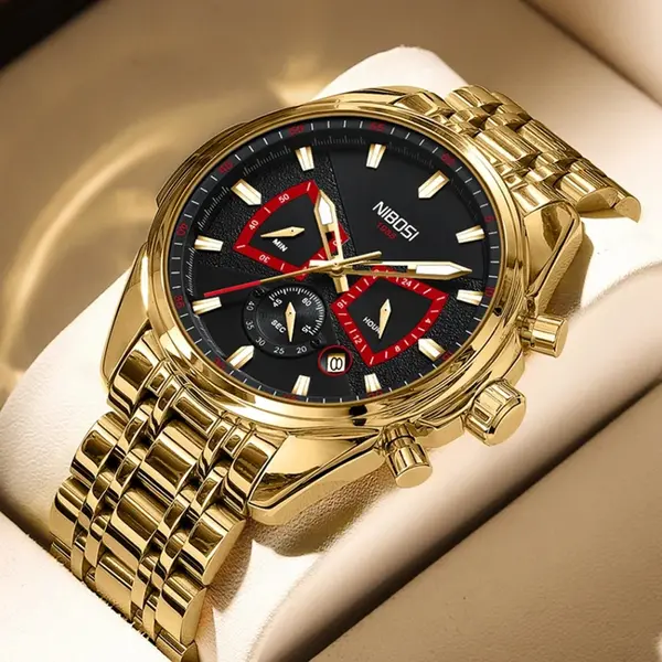 Nibosi 2508 Luxury Stainless Steel Luminous Needles Men's Watch – Dial Color: Black Gold, Strap Color: Gold – View 4