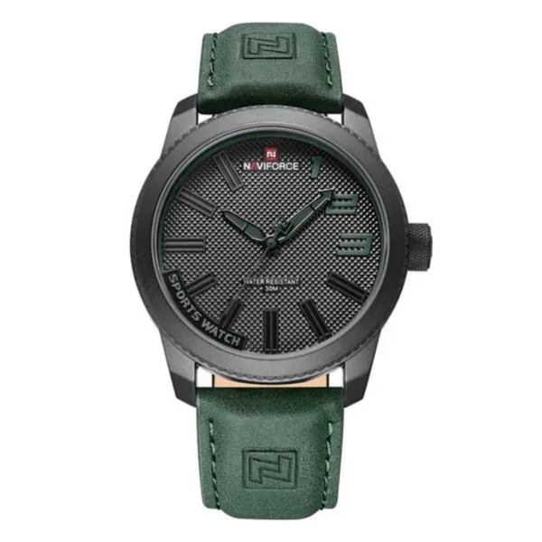 Naviforce 9202 Casual Leather Men's Watch – Dial Color: Black, Strap Color: Green – View 1