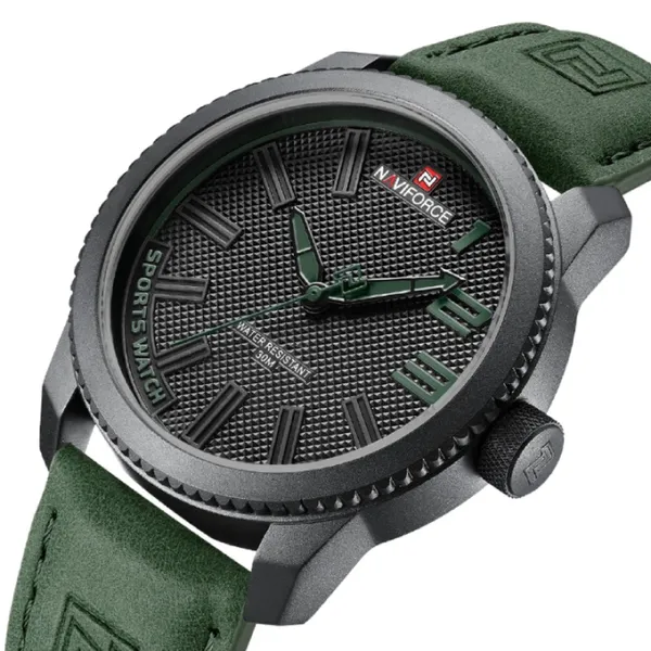 Naviforce 9202 Casual Leather Men's Watch – Dial Color: Black, Strap Color: Green – View 2