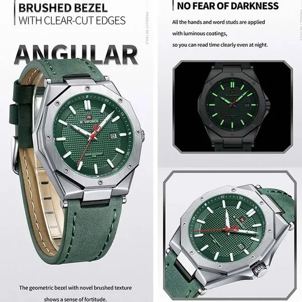 Naviforce NF9200 Luxury Genuine Leather Strap Quartz Movement Casual Fashion Men's Watch – Dial Color: Green, Strap Color: Green  – View 4