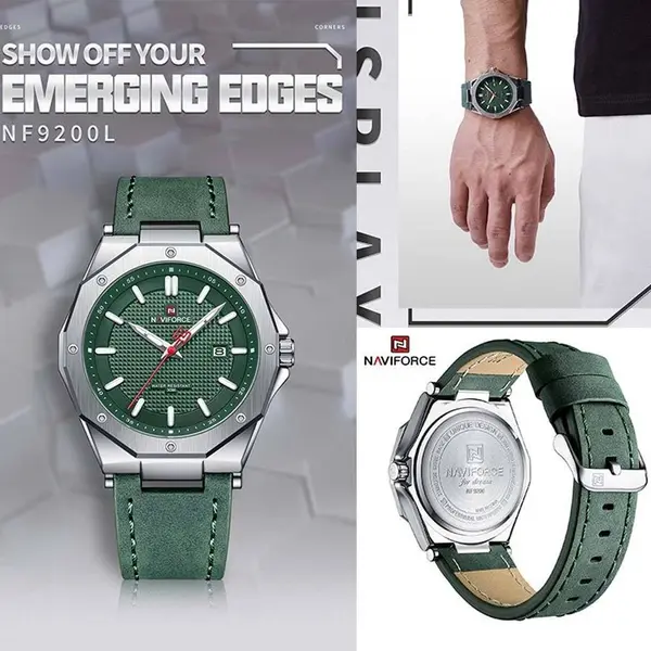 Naviforce NF9200 Luxury Genuine Leather Strap Quartz Movement Casual Fashion Men's Watch – Dial Color: Green, Strap Color: Green  – View 6