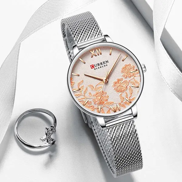 Curren 9065 Quartz Watch With Stainless Steel Strap for Women – Dial Color: Pink, Strap Color: Silver – View 2