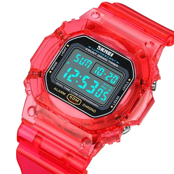 SKMEI 1999 Dual Time Chronograph PU Leather Kid's Watch – Dial Color: White, Strap Color: Red – View 2