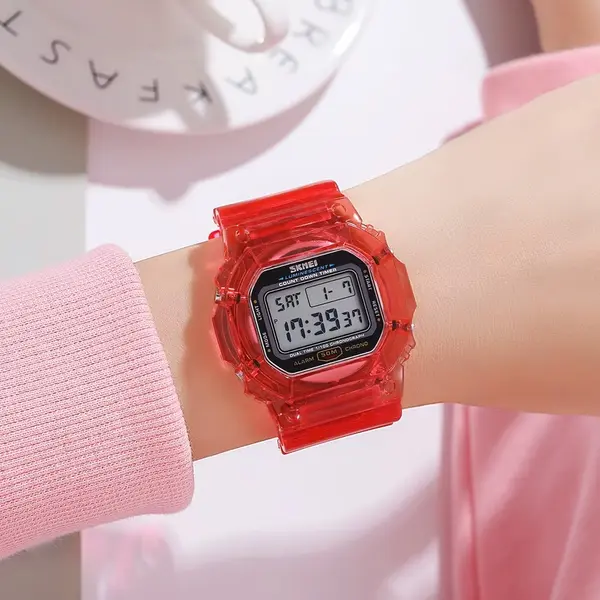 SKMEI 1999 Dual Time Chronograph PU Leather Kid's Watch – Dial Color: White, Strap Color: Red – View 3