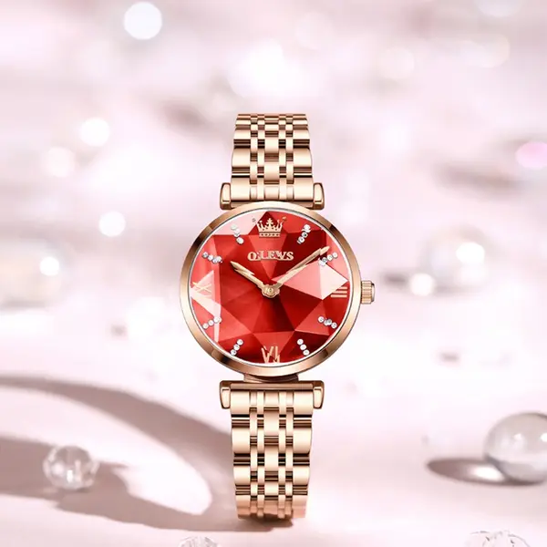 OLEVS 6642 Prisma Rose Gold Luxury Diamond Women’s Quartz Analog Watch – Dial Color: Red, Strap Color: Rose Gold – View 2