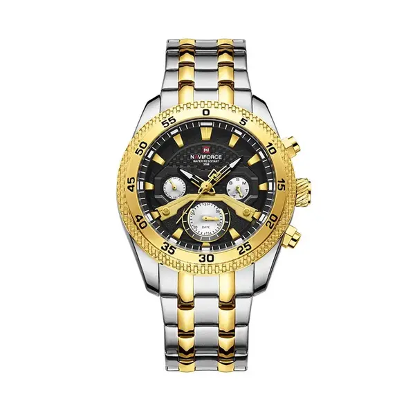 Naviforce NF9222 Luxury Stainless Steel Quartz Analog Men's Watch – Dial Color: Black, Strap Color: Gold  – View 1