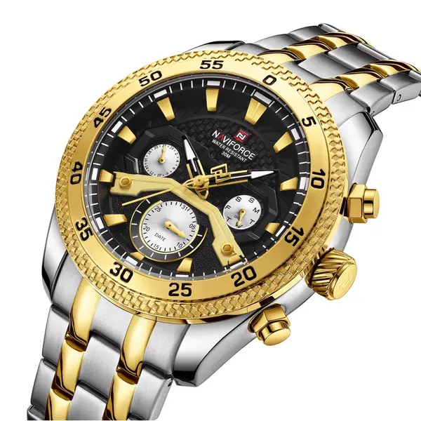 Naviforce NF9222 Luxury Stainless Steel Quartz Analog Men's Watch – Dial Color: Black, Strap Color: Gold  – View 3