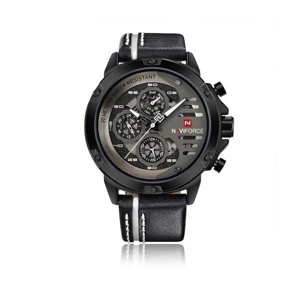 Naviforce NF9110L Genuine Leather Strap Six Hands Quartz Classic Men's Watch – Dial Color: White, Strap Color: Black – View 1