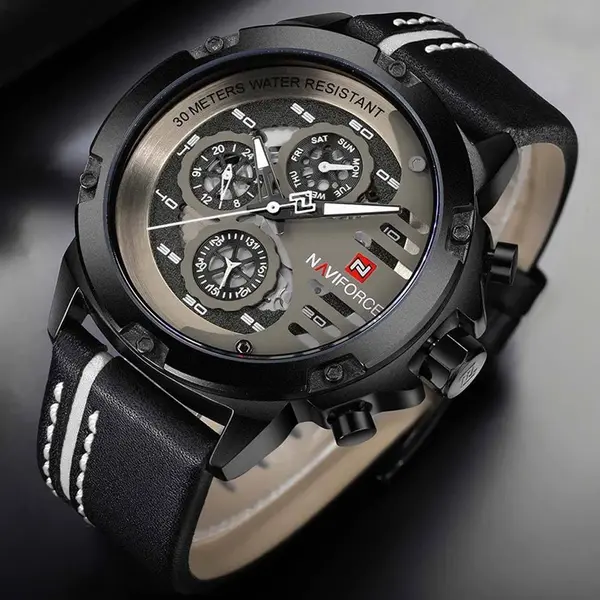 Naviforce NF9110L Genuine Leather Strap Six Hands Quartz Classic Men's Watch – Dial Color: White, Strap Color: Black – View 4