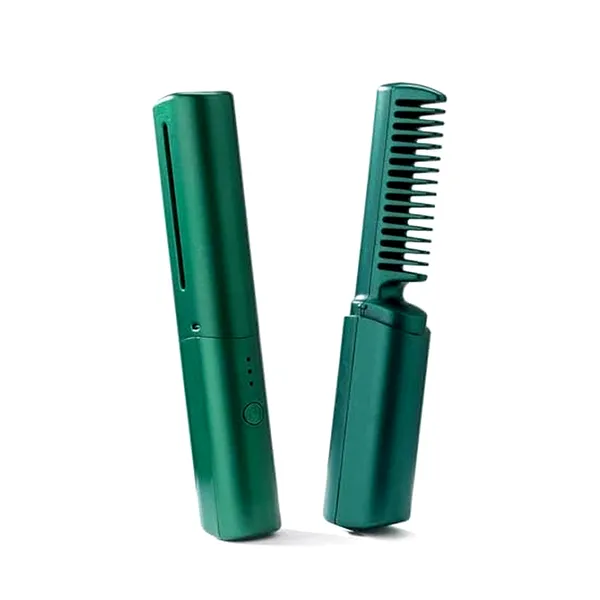 2 in 1 Straightening Curling Brush New Wireless Heating Negative Ion Hair Straightener – Color: Green – View 2