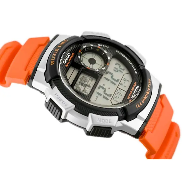 Casio AE-1000W-1AVDF Youth World Time Water Resistant Multifunctional Digital Watch  – Dial Color: Silver, Strap Color: Orange – View 2
