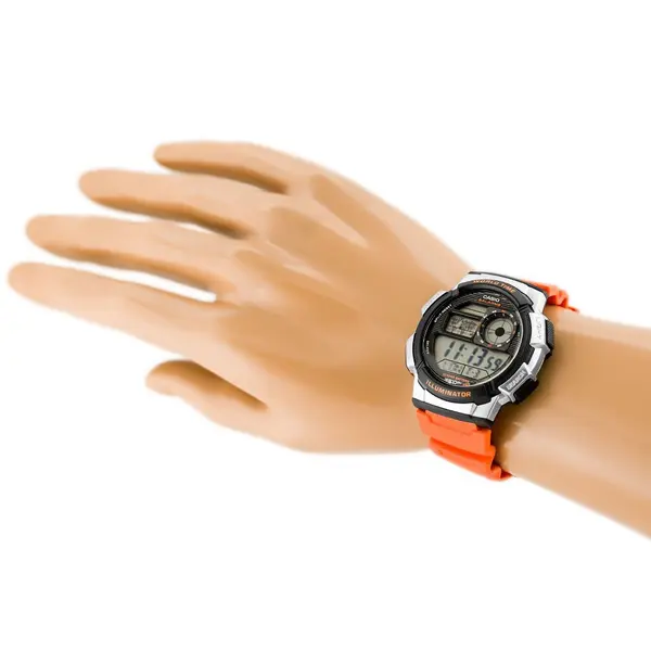 Casio AE-1000W-1AVDF Youth World Time Water Resistant Multifunctional Digital Watch  – Dial Color: Silver, Strap Color: Orange – View 5