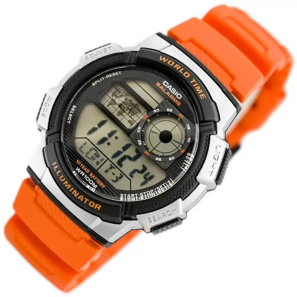 Casio AE-1000W-1AVDF Youth World Time Water Resistant Multifunctional Digital Watch  – Dial Color: Silver, Strap Color: Orange – View 3
