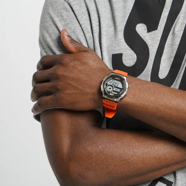 Casio AE-1000W-1AVDF Youth World Time Water Resistant Multifunctional Digital Watch  – Dial Color: Silver, Strap Color: Orange – View 7