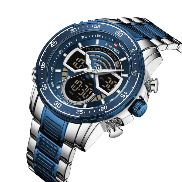 NAVIFORCE NF9189 Stainless Steel Dual Time Wrist Men's Watch – Dial Color: Blue, Strap Color: Silver – View 2