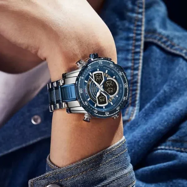 NAVIFORCE NF9189 Stainless Steel Dual Time Wrist Men's Watch – Dial Color: Blue, Strap Color: Silver – View 3