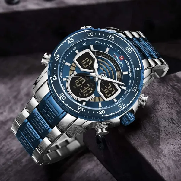 NAVIFORCE NF9189 Stainless Steel Dual Time Wrist Men's Watch – Dial Color: Blue, Strap Color: Silver – View 4