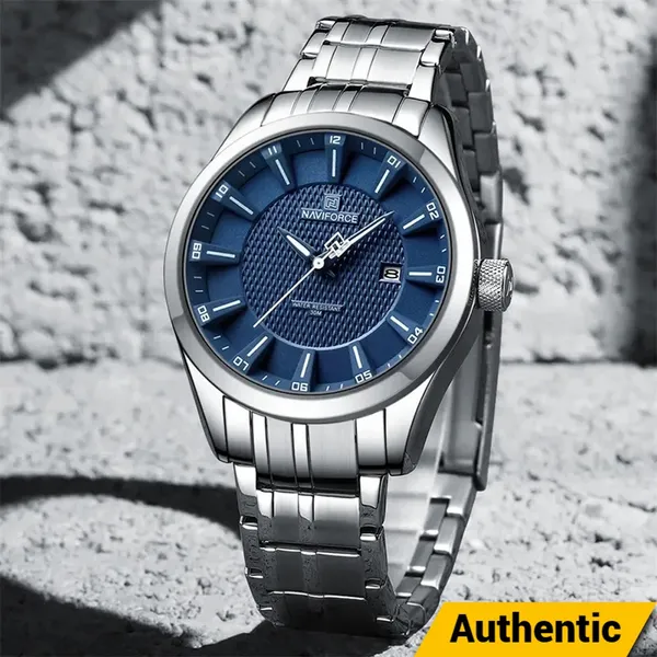 Naviforce 8032 Stainless Steel And Multifunction Waterproof Men's Watch – Dial Color: Blue, Strap Color: Silver – View 2