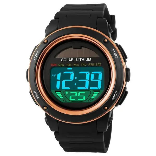 SKMEI 1096 Solar Powered Digital Sporty PU Leather Men's Watch – Dial Color: Black, Strap Color: Gold  – View 1