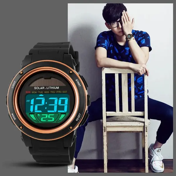 SKMEI 1096 Solar Powered Digital Sporty PU Leather Men's Watch – Dial Color: Black, Strap Color: Gold  – View 2