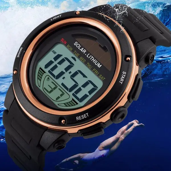 SKMEI 1096 Solar Powered Digital Sporty PU Leather Men's Watch – Dial Color: Black, Strap Color: Gold  – View 3