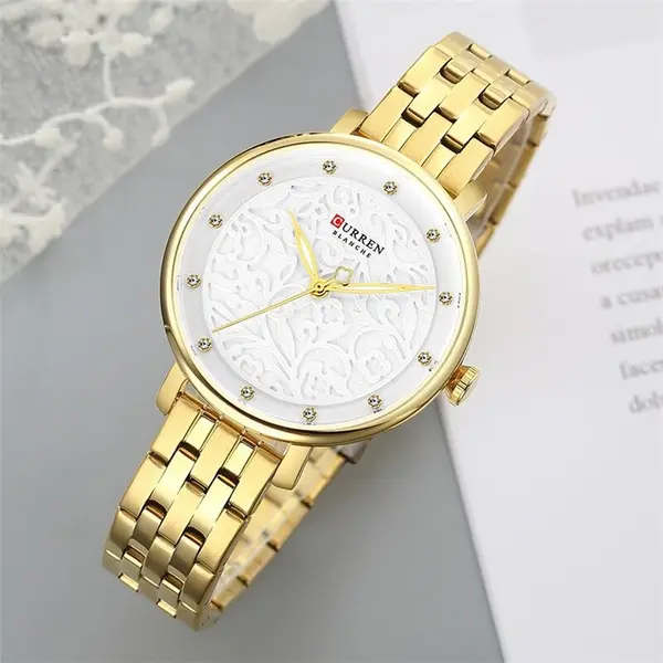 CURREN 9046 Stainless Steel Analog Watch For Women – Dial Color: White, Strap Color: Gold  – View 3