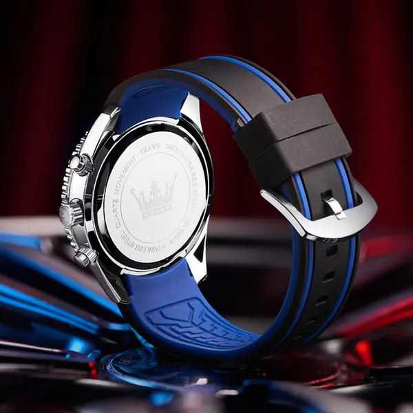OLEVS 9916 Sports Waterproof Luminous Multifunction Silicone Band Men's Quartz Wristwatch  – Dial Color: Blue, Strap Color: Black – View 3